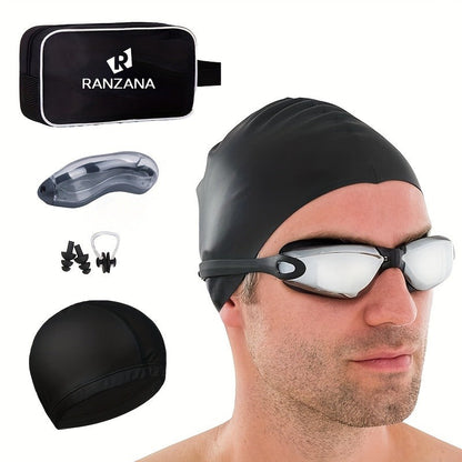 Adult Swimming Goggles Six-Piece Set with Black Silver-Look Lenses, Swim Cap, Case, Nose Clip, Earplugs and Bag