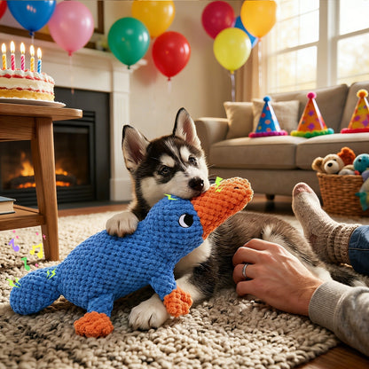 Plush Shark or Platypus Dog Toy with Crinkle Texture, Squeaker and Three Checkout Animal Designs