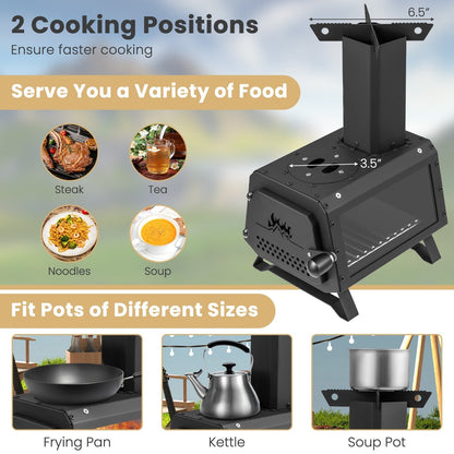 Camp Stove Wood Burning 2-in-1 Outdoor Cookstove & Heater, Carbon Steel, Glass-Ceramic Window, Dual Cooking Positions