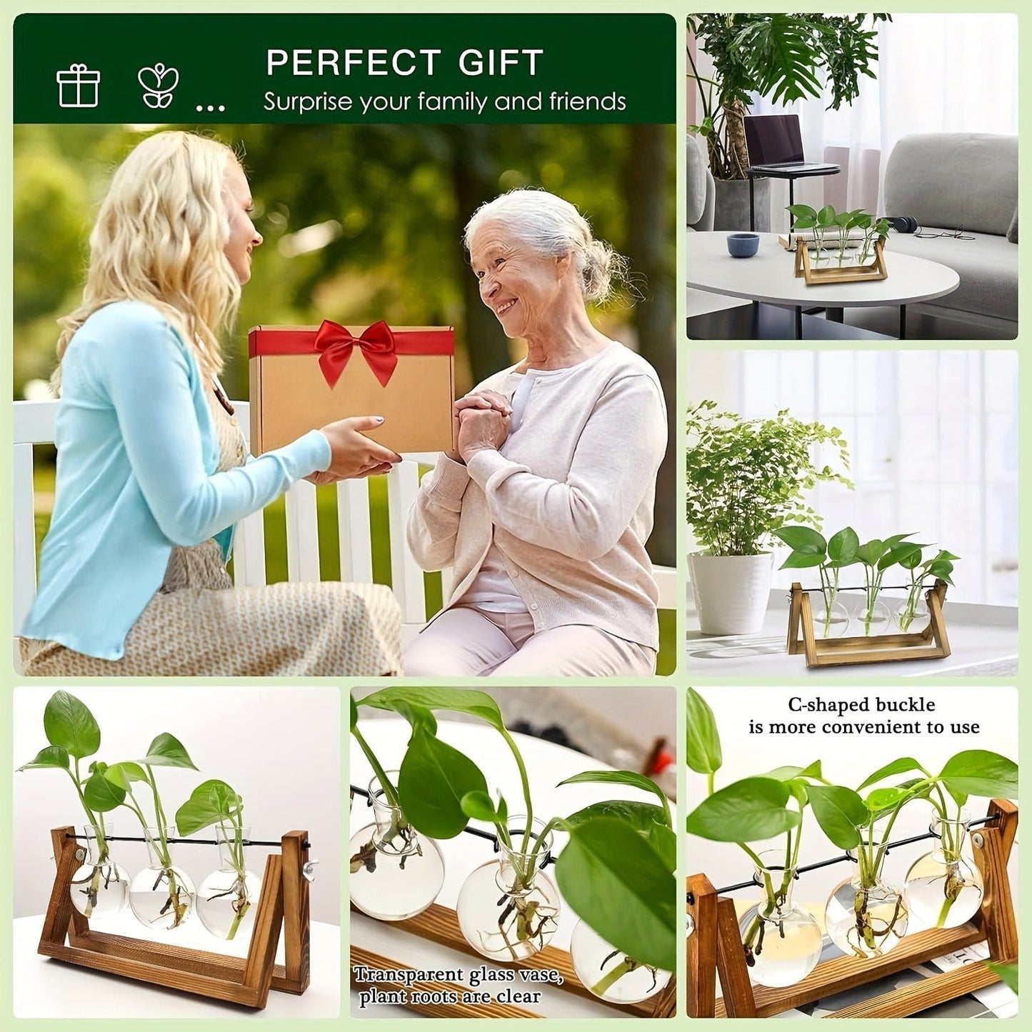 Propagation Station 3 Bulb Glass Vase with Wooden Stand – Hydroponic Plant Terrarium for Home Office Desk Decor