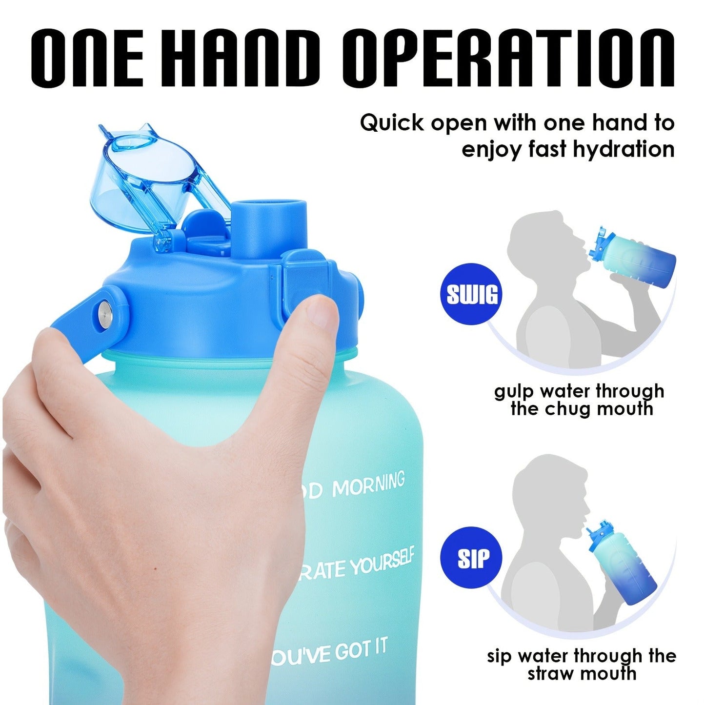 128oz Water Bottle Jug with Time Markers, Handled Flip-Top Straw Lid and Seven Color Treatments
