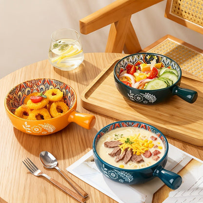 Ceramic Bowl Set with Lids 8-Piece Bohemian Soup Noodle Salad Bowls, for Home Cooking, Dining and Outdoor Meals