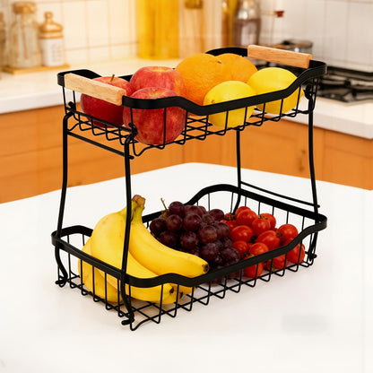 Tiered Fruit Basket Kitchen Organizer with Banana Hook, Removable 2 or 3 Metal Baskets and Wood Handle