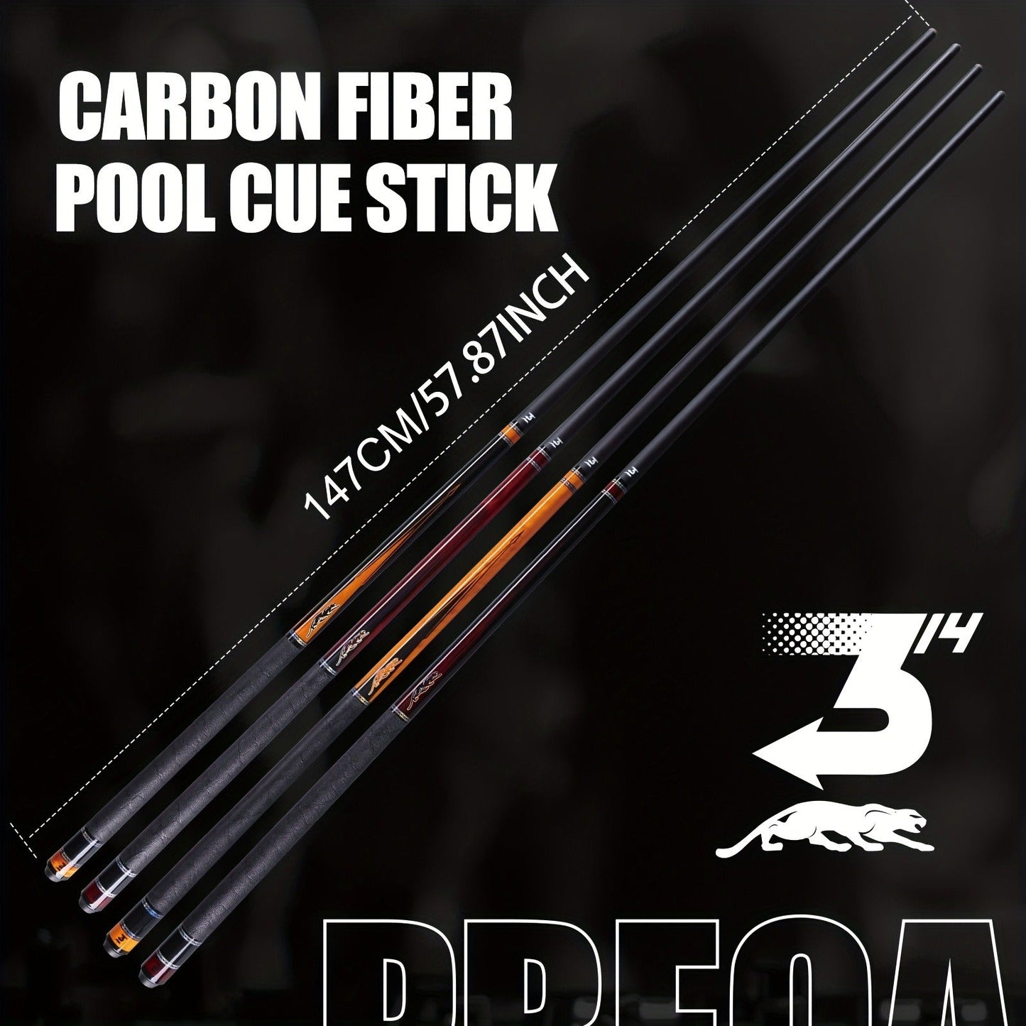 58-Inch Carbon Fiber Pool Cue with 12.5mm Tip, 3/8x8 Joint, Black Wrap and Four SP Graphic Designs