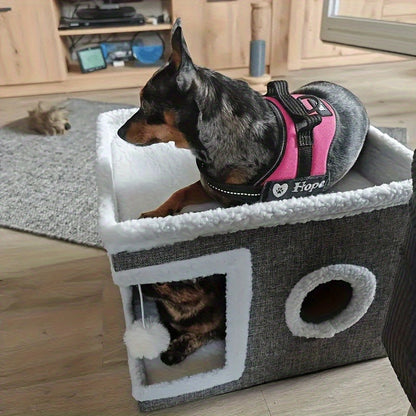Multi-Tier Cat House & Indoor Cat Cube Bed – Foldable 2-Level Cat Tree with Scratching Post, Toy Tunnel & Plush Hanging Ball