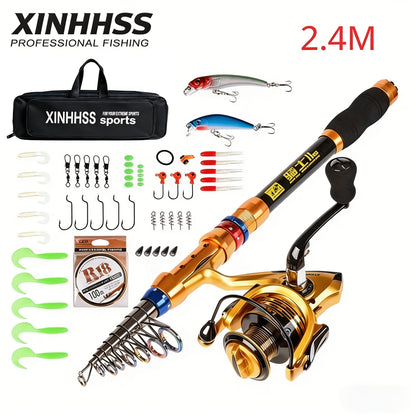 Telescopic Fishing Rod & Reel Combo – Carbon Fiber Collapsible Fishing Pole Full Kit with Carrier Bag for Travel Saltwater Freshwater