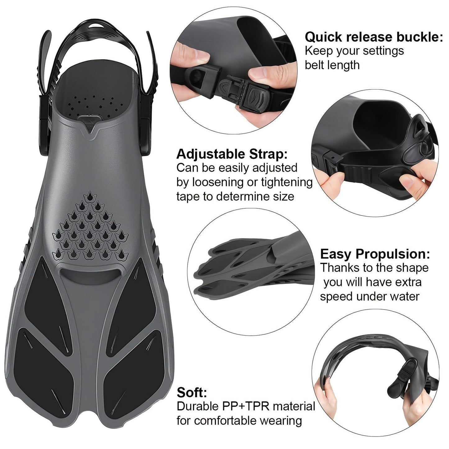 Adjustable Snorkel Diving Fins with Anti-Slip Lace-Up Design – Lightweight PP/TPR Open Heel Fins for Snorkeling Freediving Scuba Diving