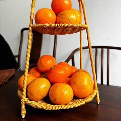 Round Tiered Serving Tray with Woven-Look Frame in Single- or Two-Layer Light Coffee Configurations