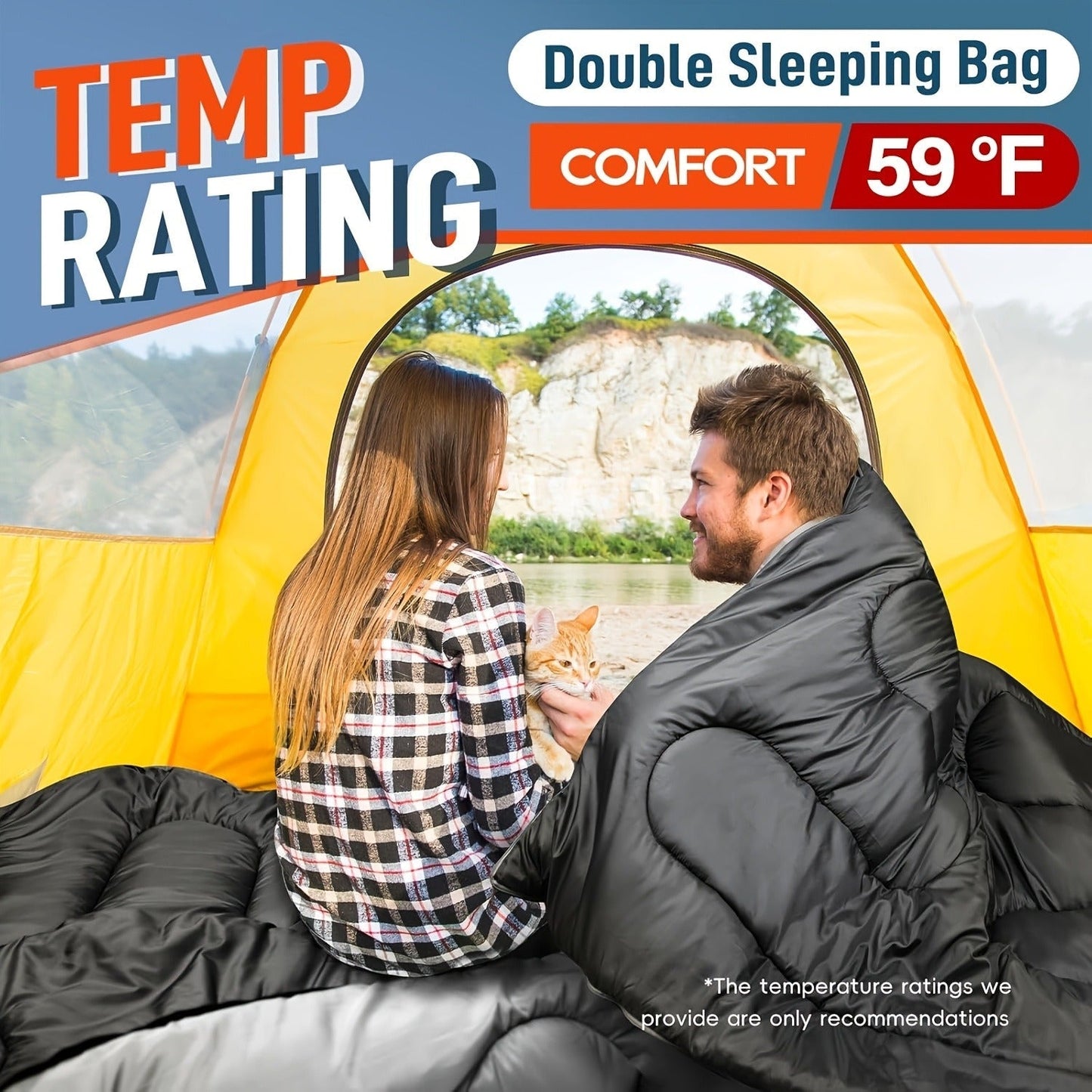 Double Sleeping Bag XL with Pillow for Two Adults – 2-Person Couple Sleeping Bag for Year-Round Camping, Hiking & Backpacking in Cold & Warm