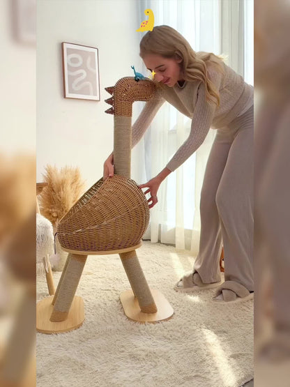 Dinosaur Cat Tree Tower 46 Inch – Large Rattan Cat House with 4 Sisal Scratching Posts, Wicker Bed & Removable Mat