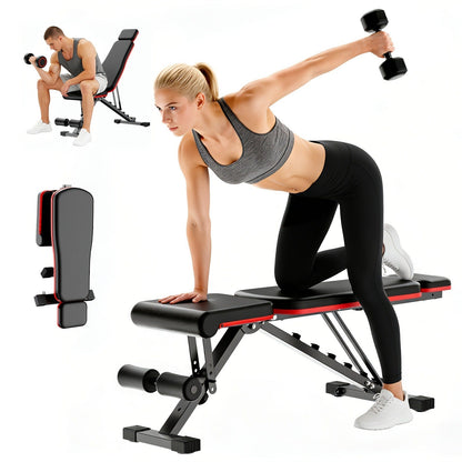 Foldable Adjustable Workout Bench with Black-and-Red Padding, Preacher Curl Pad, Leg Rollers and Resistance Bands