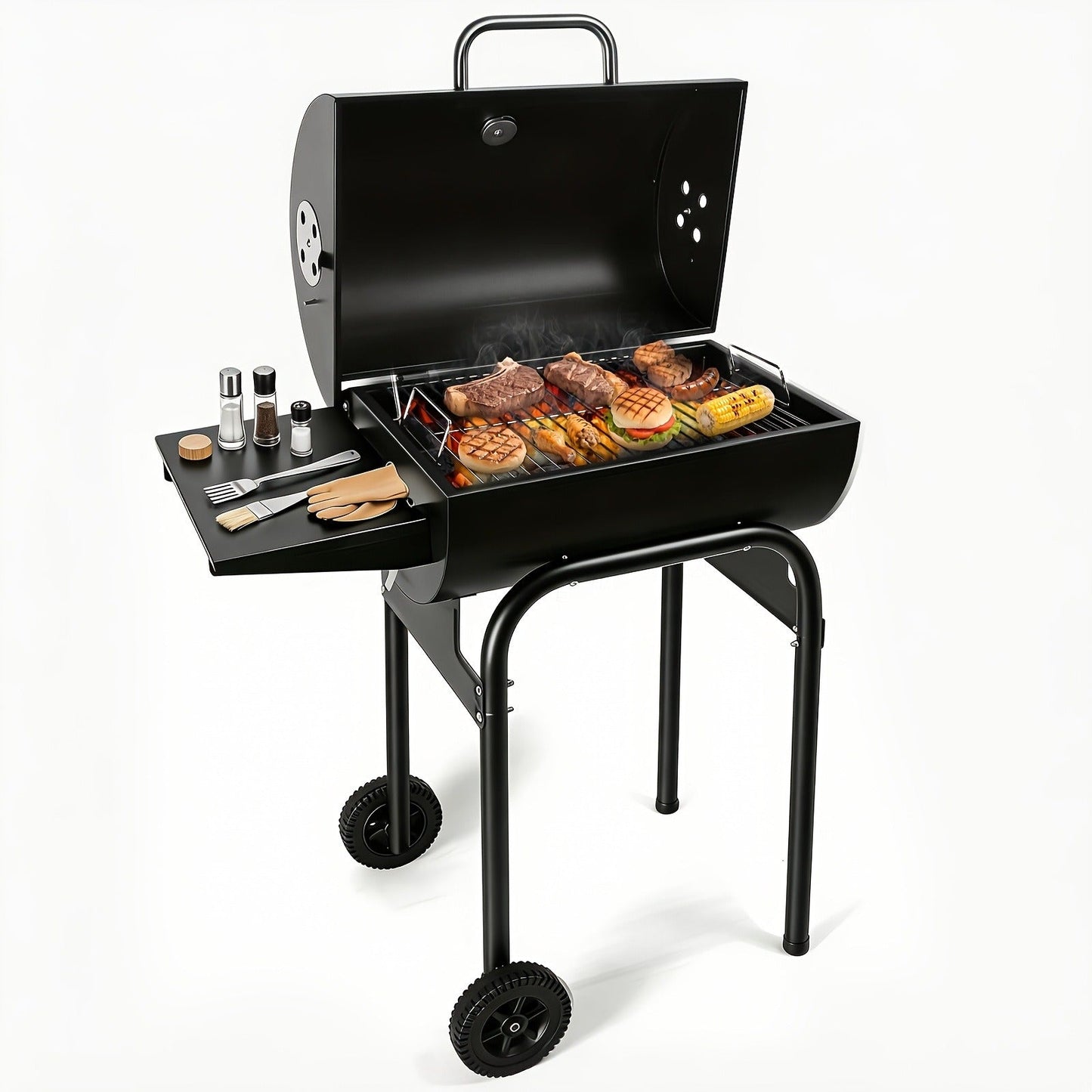 Barrel Charcoal Grill with Offset Smoker, Wheeled Cart, Side Firebox and Two Black Configuration Options