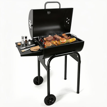 Barrel Charcoal Grill with Offset Smoker, Wheeled Cart, Side Firebox and Two Black Configuration Options