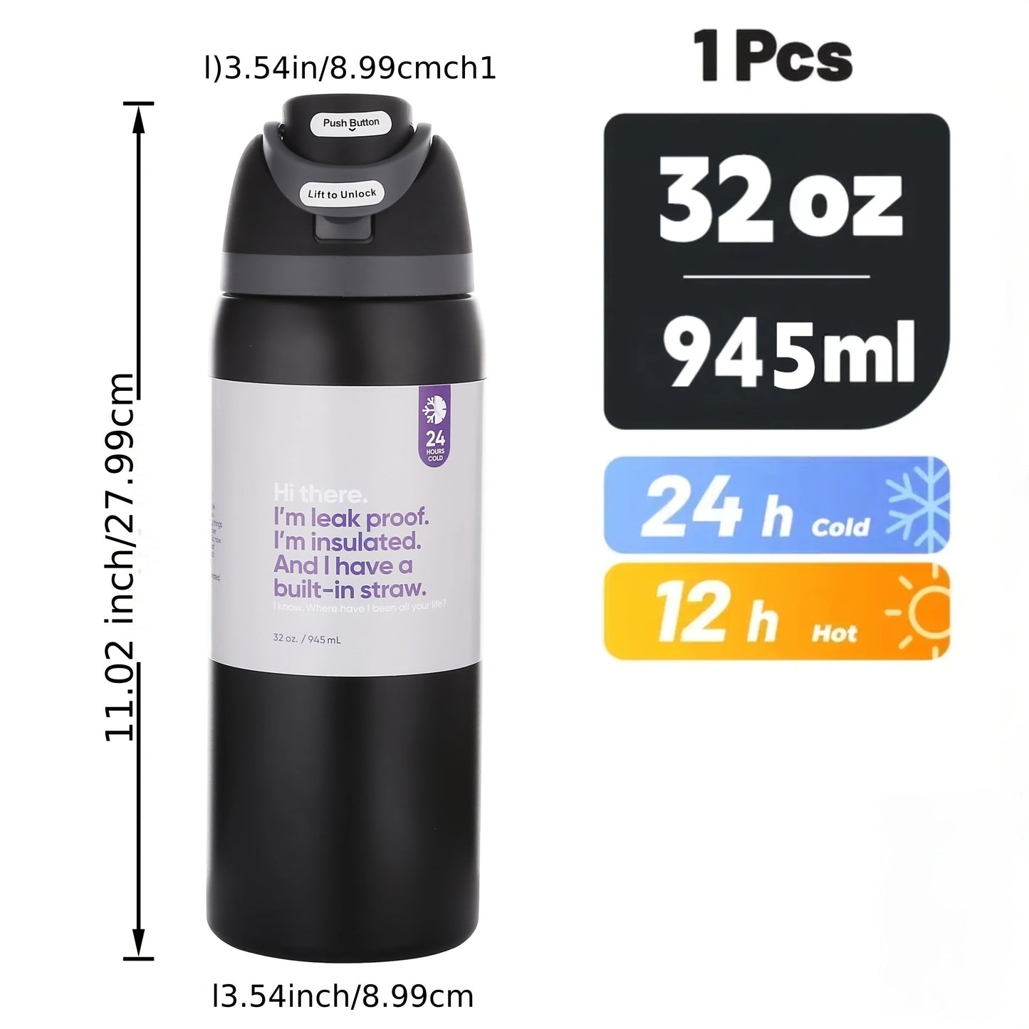 32oz Stainless Steel Water Bottle with Flip-Up Drinking Spout, Cleaning Brush and Five Solid Colors