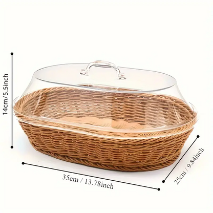 Wicker Bread Basket with Clear Acrylic Lid Rattan Storage Basket Washable Food Tray for Bread Fruit Desserts Kitchen Picnic Home Display
