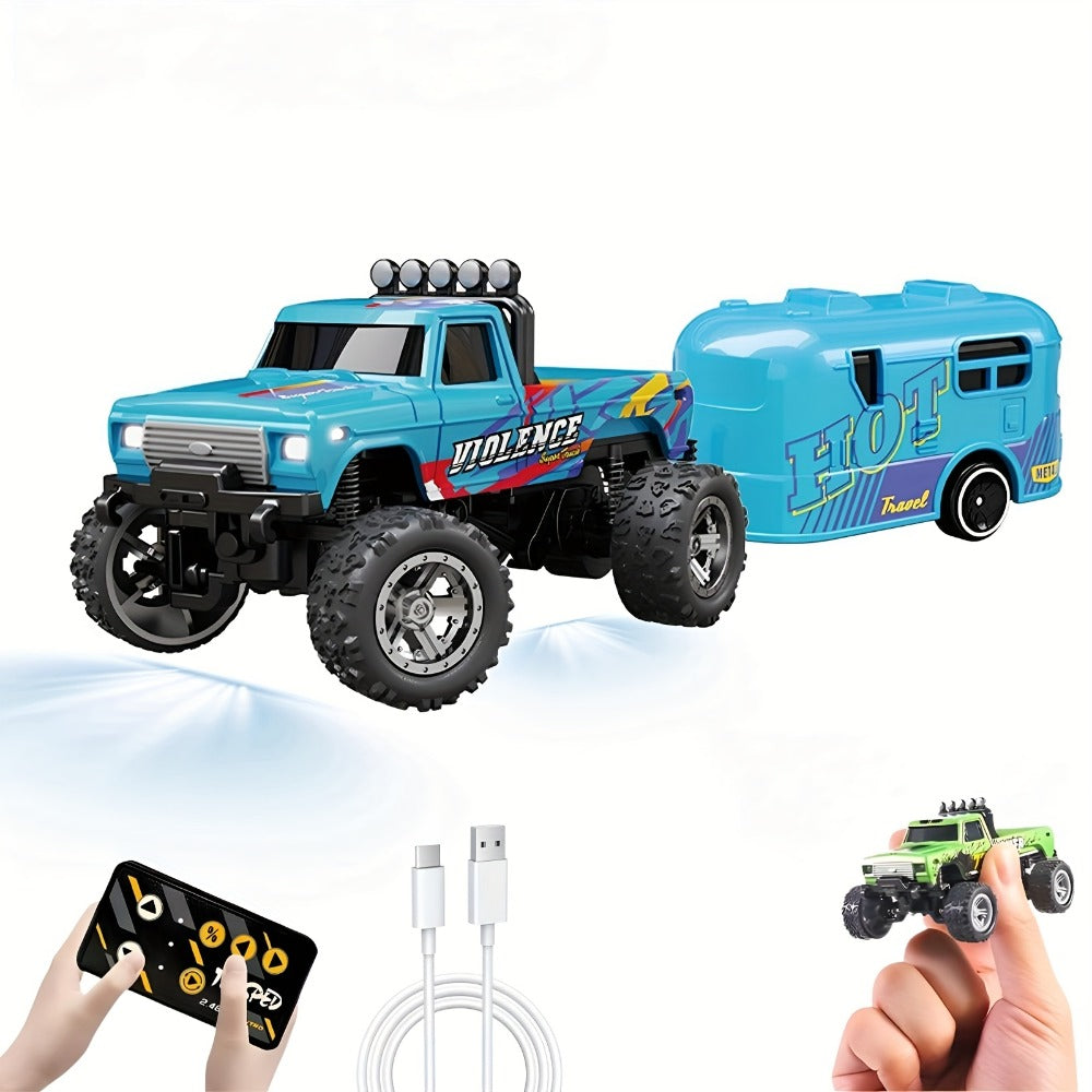 Mini RC Truck Toy 1:64 Scale 2.4GHz Off-Road Alloy Crawler with Detachable Trailer Body Lights & LED Headlights