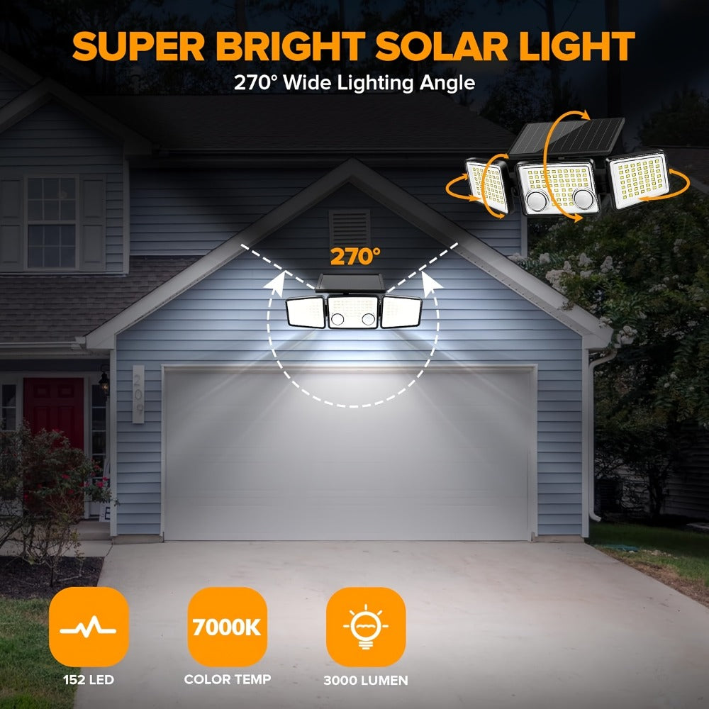 Solar Motion Sensor Light Outdoor, 3000LM 7000K 152 LED Flood Light with Dual Sensor, 270° Wide Angle & 3 Modes for Garden