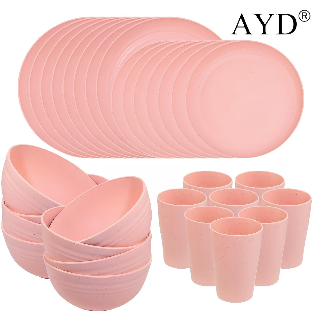 Wheat Straw Dinnerware Set 16 or 32 Piece – Plates & Bowls for 4 or 8 People, Microwave & Dishwasher Safe Plastic Dish Set