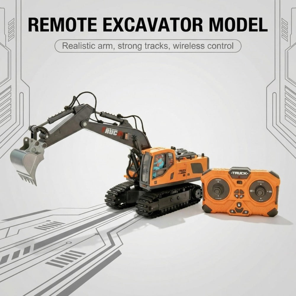 RC Excavator Toy 1:24 Scale 2.4GHz 9-Channel Remote Control with Alloy Metal Cap Lights & Sound Rechargeable Battery