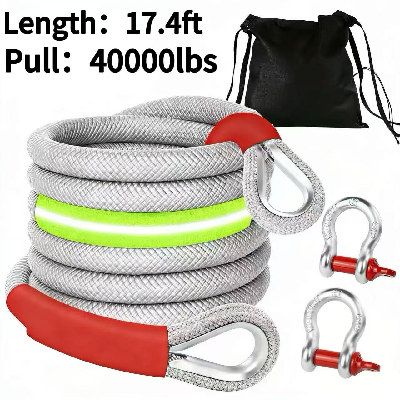 Recovery Tow Strap Heavy Duty – Up to 48000 LBS Break Strength, Kinetic Tow Rope with 2 D-Ring Shackles, Reflective Safety Flag & Storage