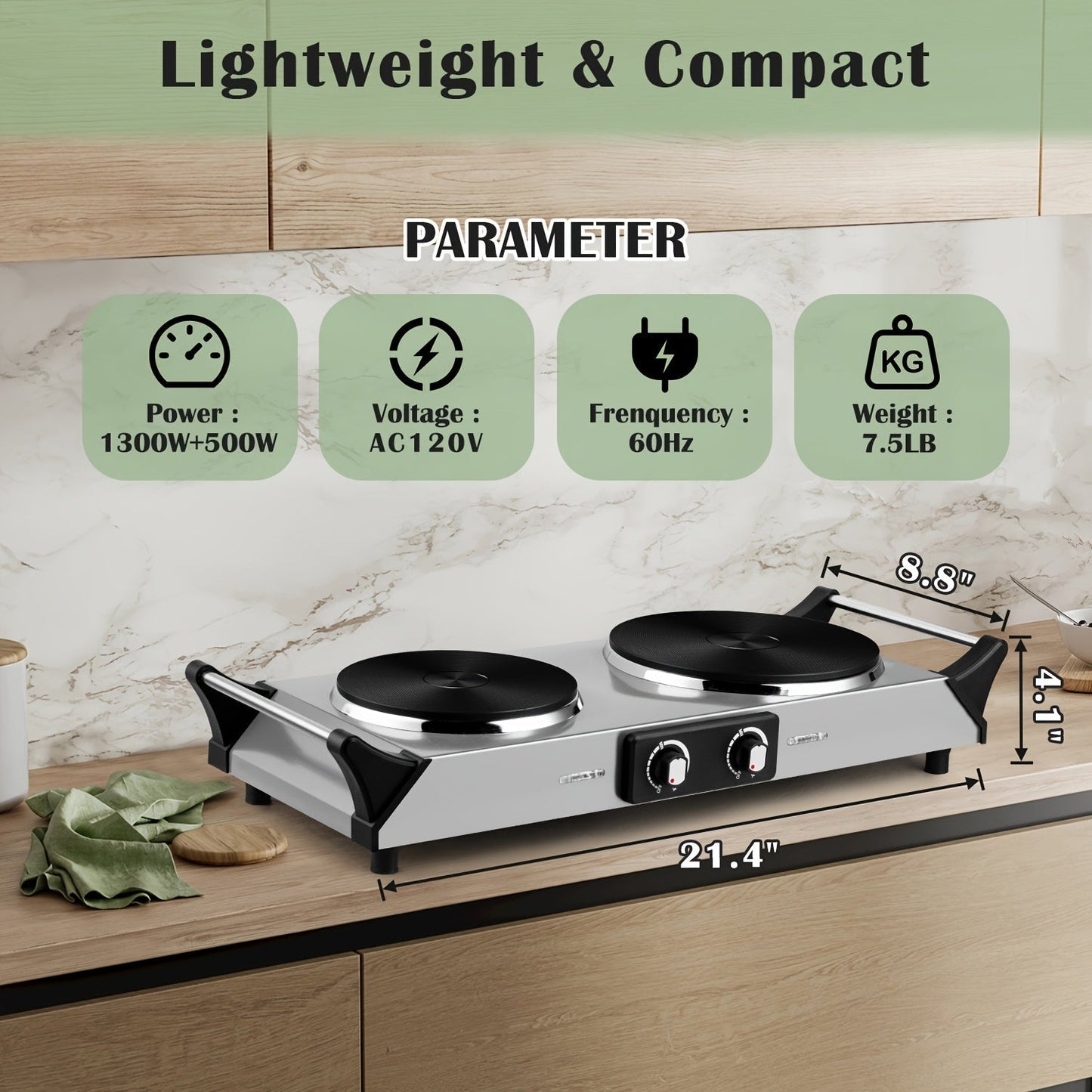 Hot Plate Electric Burner with Temperature Control, Dual Size Coil Burners 7.4in & 6.1in, Countertop Electric Stove for Daily Cooking