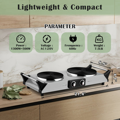 Hot Plate Electric Burner with Temperature Control, Dual Size Coil Burners 7.4in & 6.1in, Countertop Electric Stove for Daily Cooking