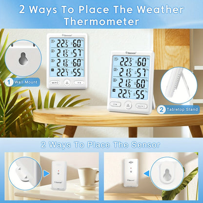 Indoor Outdoor Thermometer Wireless with 3 Remote Sensors - Digital Hygrometer Temperature Humidity Monitor