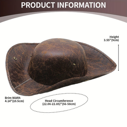Pirate Tricorn Hat Faux Leather Wide Brim – Vintage Distressed Pirate Hat for Men Women, Halloween Costume, Cosplay