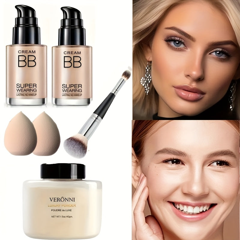 BB Cream Setting Powder Set 2 Pcs with Tools Concealer Oil Free Matte Face Makeup for Women, for Makeup, Travel and Everyday Vanity Use