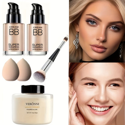 BB Cream Setting Powder Set 2 Pcs with Tools Concealer Oil Free Matte Face Makeup for Women, for Makeup, Travel and Everyday Vanity Use