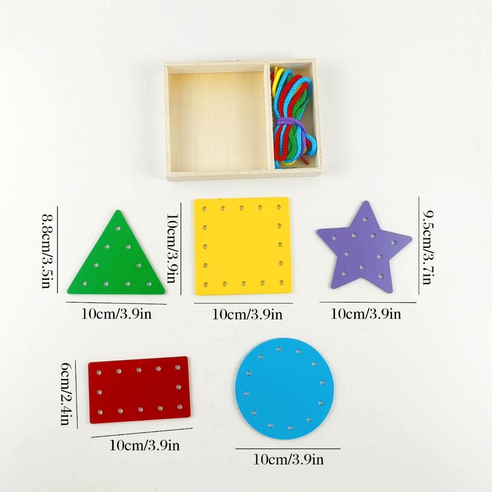 Montessori Wooden Lacing Cards for Toddlers, 5-Piece Double-Sided Threading Shapes in a Box