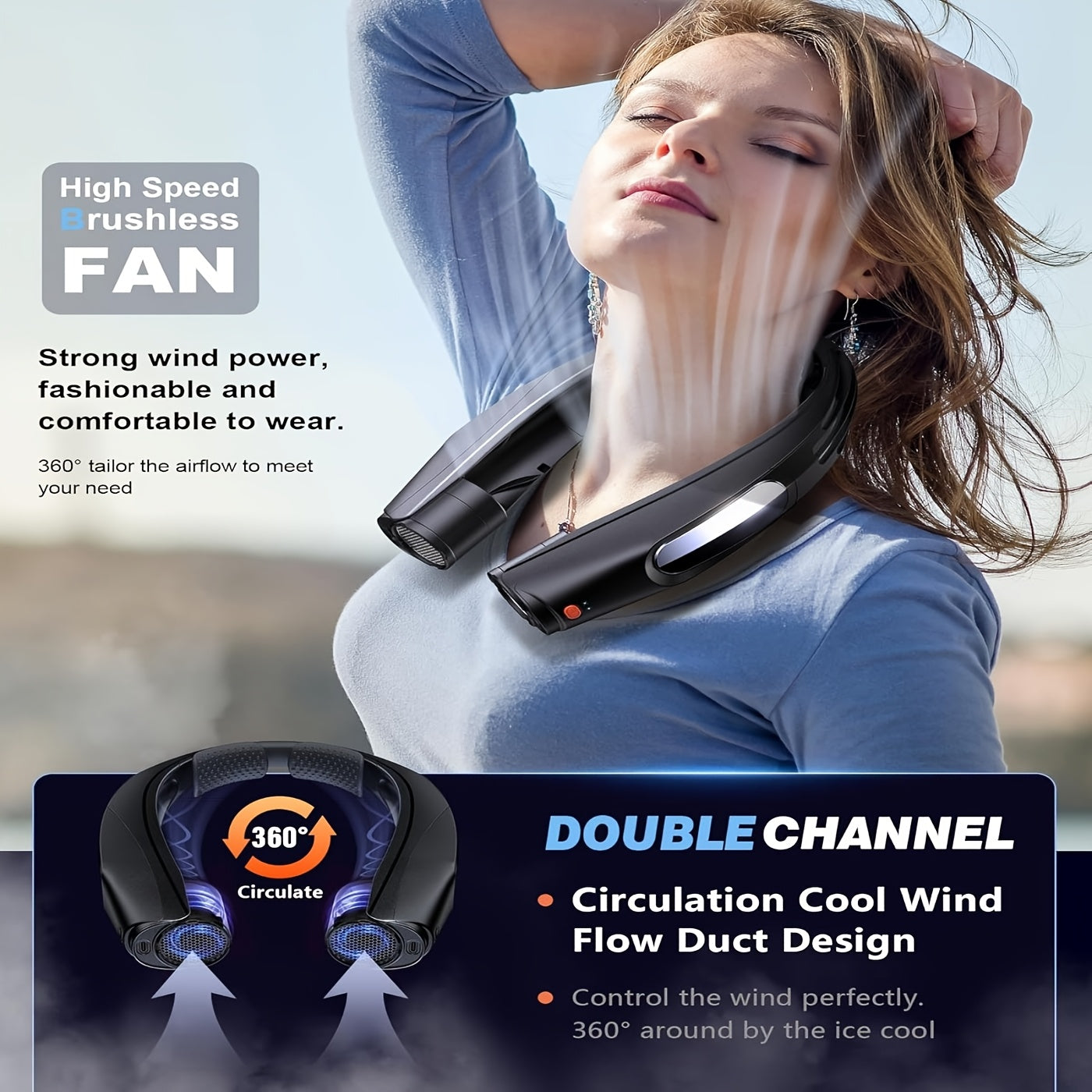 U-Shaped Neck Fan in Black or White with Six-Speed Display, Twin Fan Ends and USB Charging