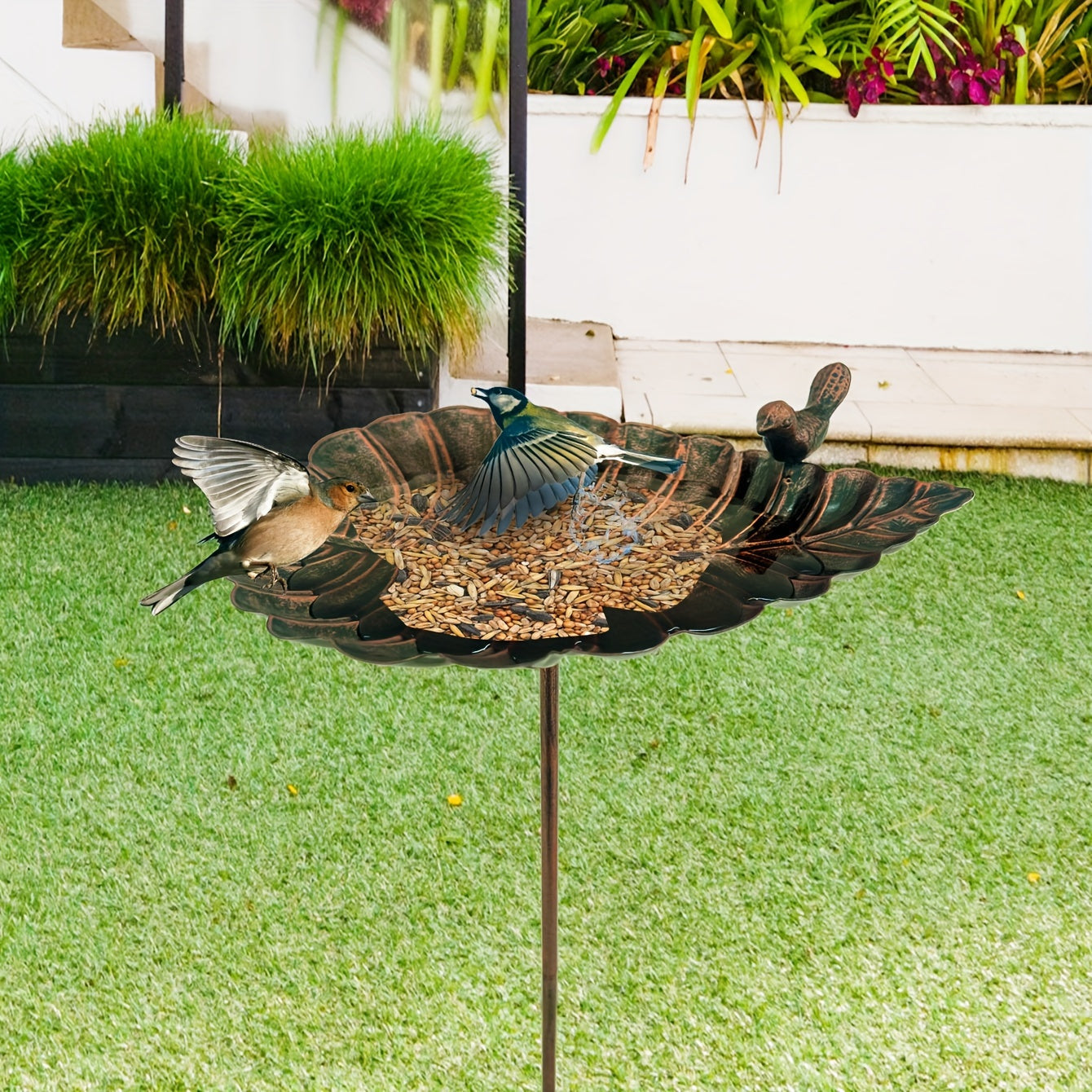 20-Inch Copper-Look Leaf Bird Bath with Bird Accent and Two-Prong Garden Stake for Yard and Lawn