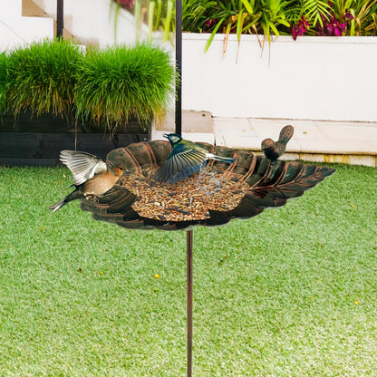 20-Inch Copper-Look Leaf Bird Bath with Bird Accent and Two-Prong Garden Stake for Yard and Lawn