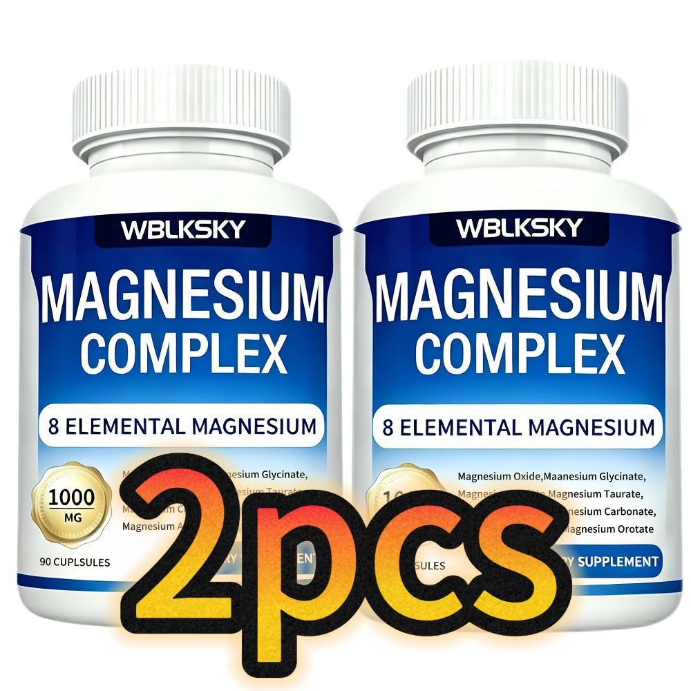 Dietary Supplement Magnesium 8-in-1 Complex with Eight Listed Forms, 1000mg per Capsule, Two Bottles
