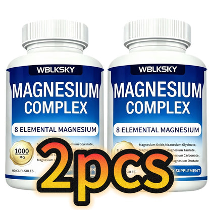 Dietary Supplement Magnesium 8-in-1 Complex with Eight Listed Forms, 1000mg per Capsule, Two Bottles