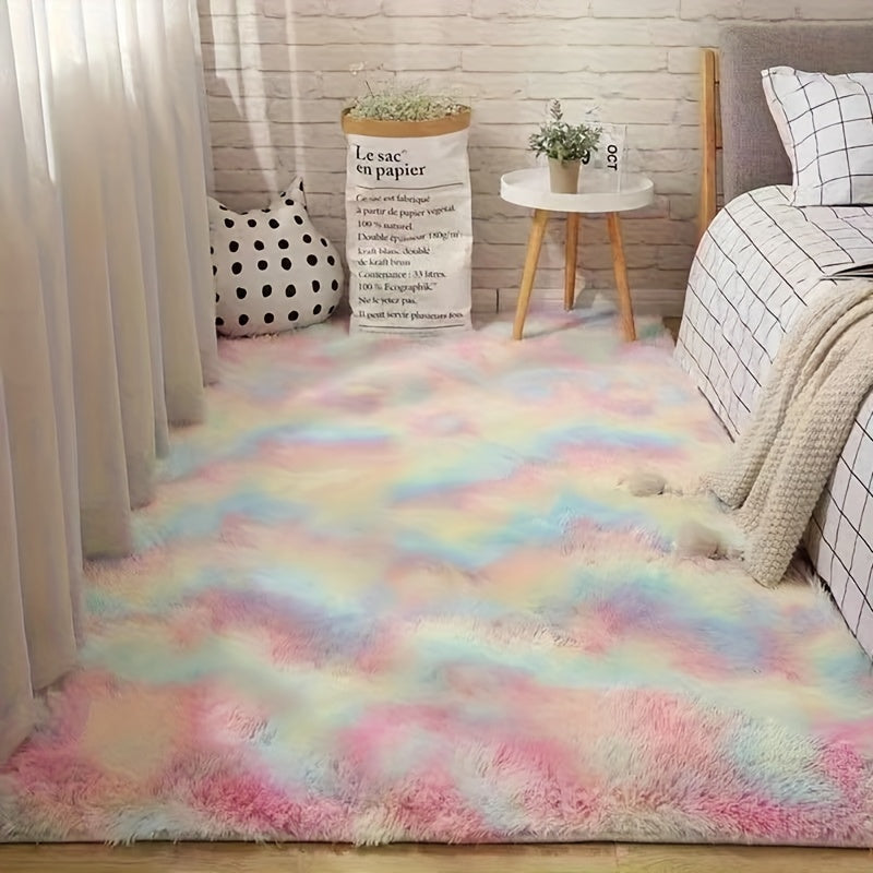 Area Rug Fluffy Faux-Fur Shag in Solid, Tie-Dye and Ombre Colors with Six available Room Sizes