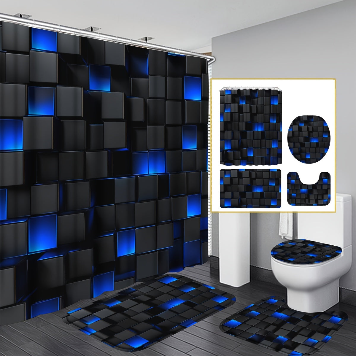 Shower Curtain Set with 12 Hooks & Toilet Seat Cover, 4-Piece Bathroom Set Dark Blue Geometric Abstract Cube Pattern