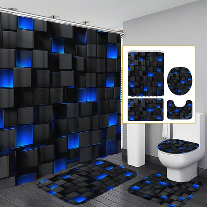 Shower Curtain Set with 12 Hooks & Toilet Seat Cover, 4-Piece Bathroom Set Dark Blue Geometric Abstract Cube Pattern