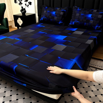 Fitted Sheet Set 3 Piece Digital Print Plaid – Deep Pocket 15 Inch Bed Sheet with 2 Pillowcases, 85% Polyester Soft Breathable Bedding Set