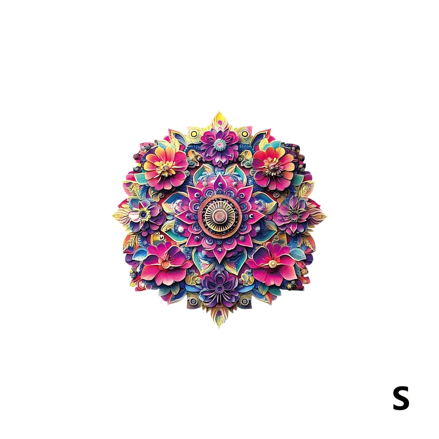 Floral Mandala Wooden Jigsaw Puzzle with Irregular Pieces and S, M and L Options from 5.31 to 11.02 Inches