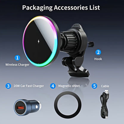 Wireless Car Charger with USB-C Adapter Included 15W Magnetic Vent Dashboard Phone Mount for iPhone 17 16 15 14 13 12 Pro Max