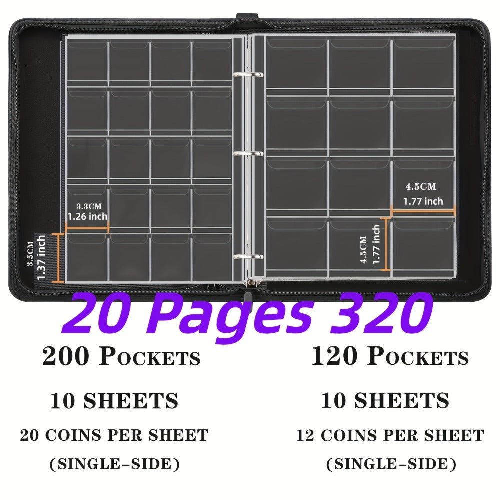 Coin Collection Book with Zipper & Handle 200/320 Pockets – 10/20 Page Coin Storage Album for Currency & Commemorative Coins