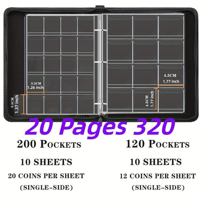 Coin Collection Book with Zipper & Handle 200/320 Pockets – 10/20 Page Coin Storage Album for Currency & Commemorative Coins