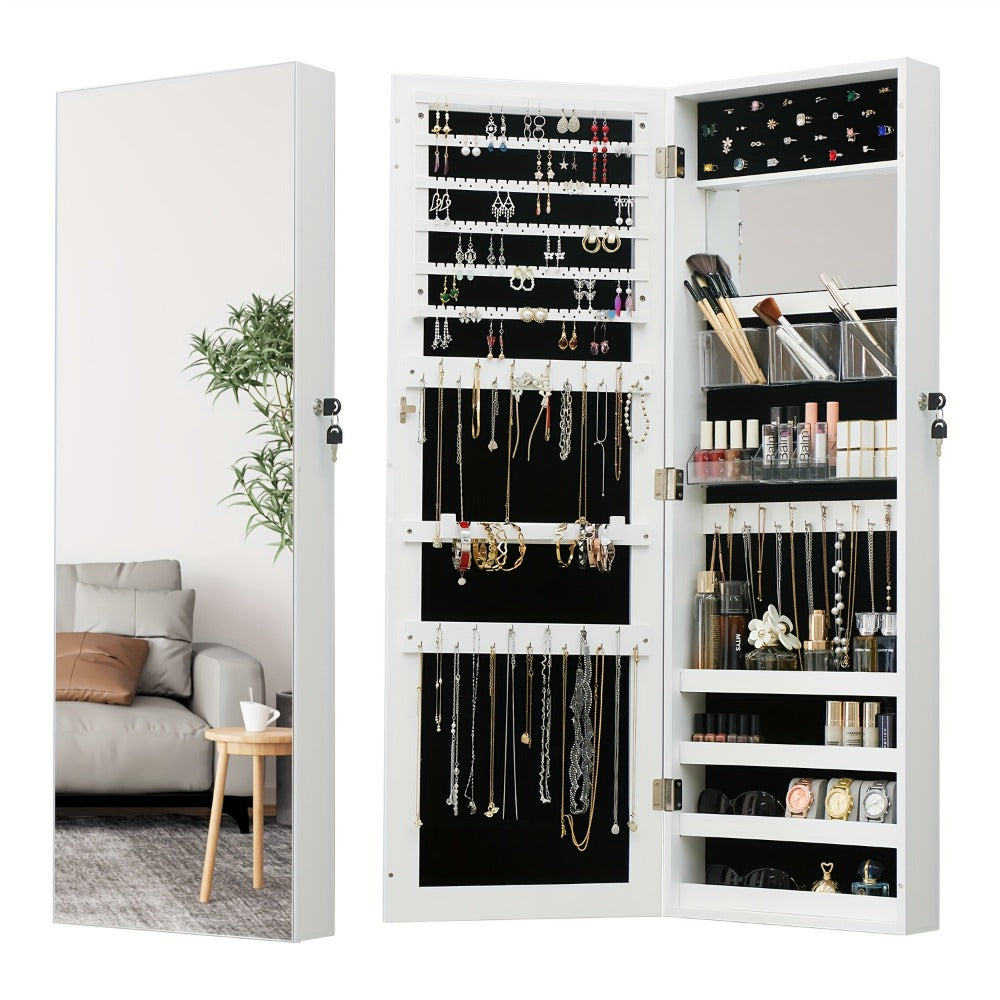 Full Length Mirror Jewelry Armoire Cabinet, 2-in-1 Lockable Over the Door Mirror with Jewelry Storage, Makeup Organizer with Baskets Bins