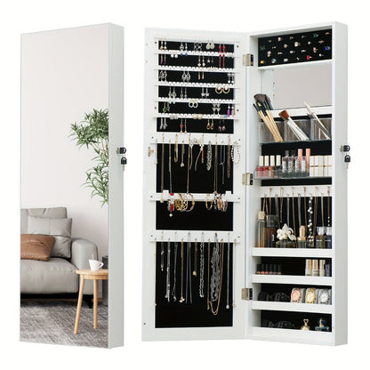 Full Length Mirror Jewelry Armoire Cabinet, 2-in-1 Lockable Over the Door Mirror with Jewelry Storage, Makeup Organizer with Baskets Bins