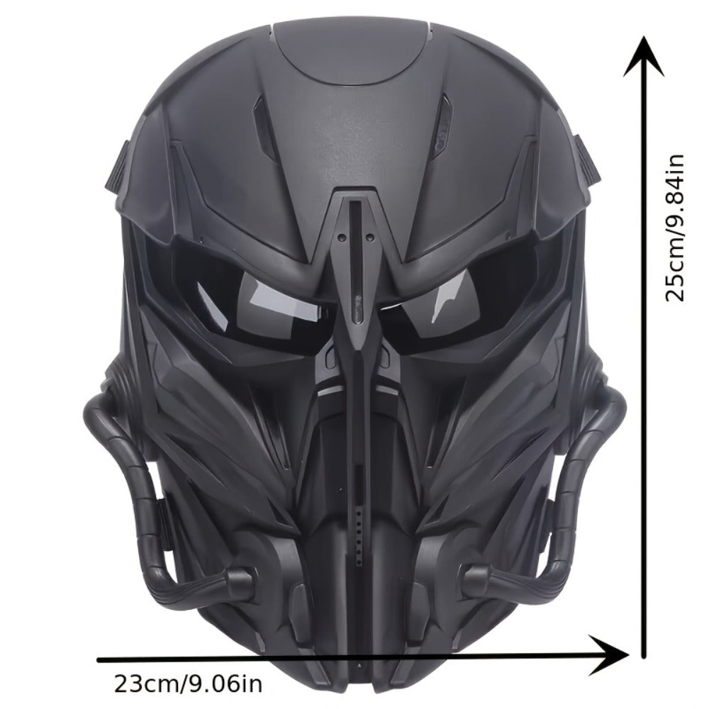 Black Mechanical Costume Mask with Sculpted Lower-Face Panel, Dark Eye Visor and Side Vent Details