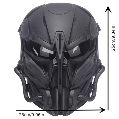 Black Mechanical Costume Mask with Sculpted Lower-Face Panel, Dark Eye Visor and Side Vent Details