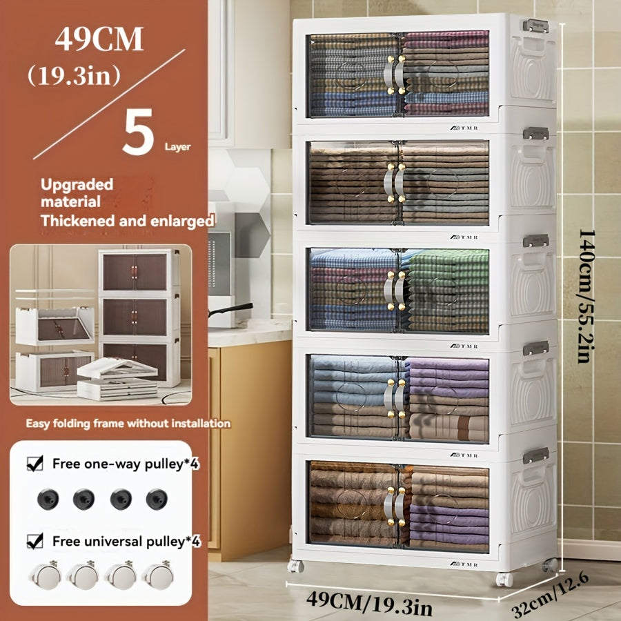 Collapsible Storage Bin with Lid, Foldable Storage Cabinet 2/3/4/5 Layer 48QT Plastic Organizer, Freestanding Storage Rack for Home