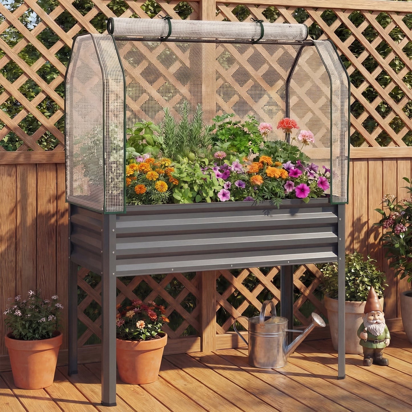 Elevated Raised Garden Bed with Greenhouse Cover 3-in-1, 44"x22"x60" Electroplated Metal Planter Box with Legs